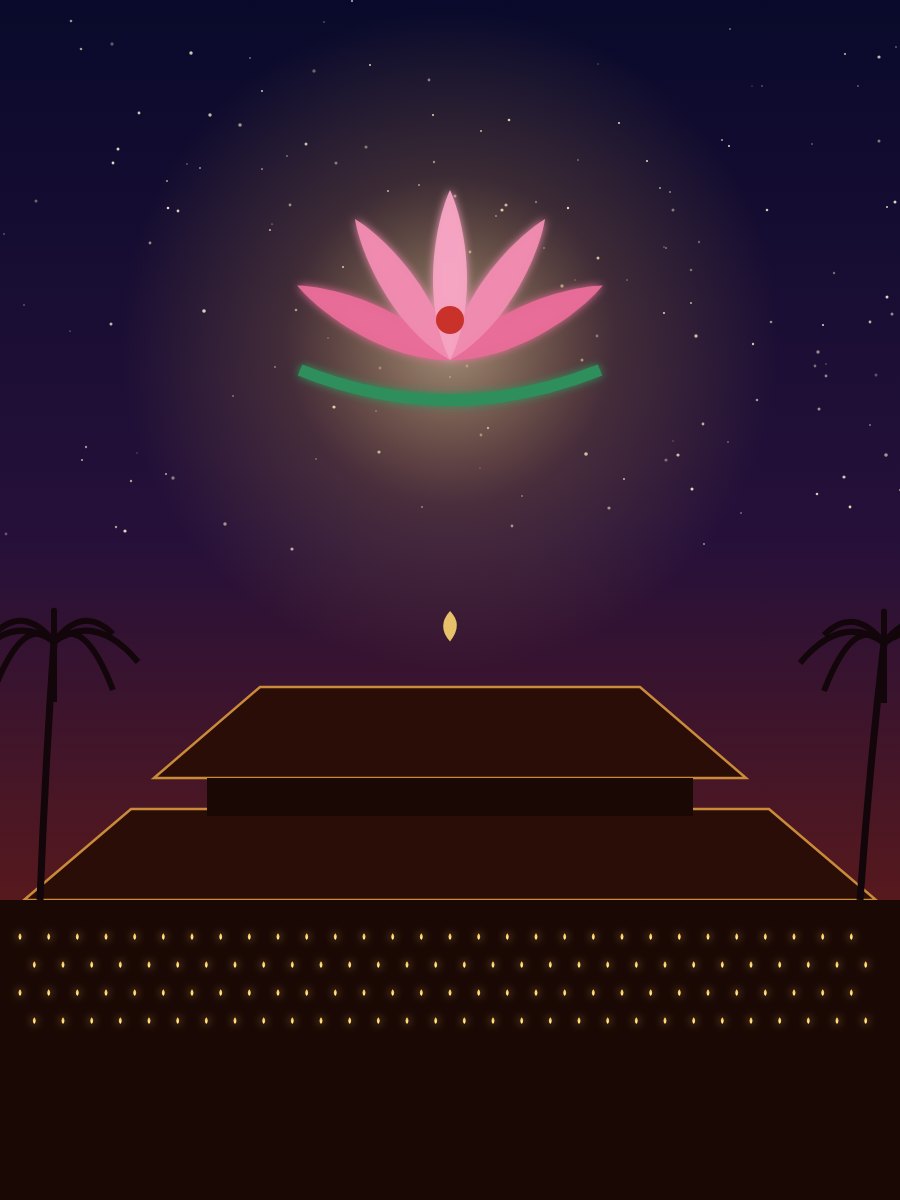 The Goddess's emblem over a temple lit with lamps for Thrikkarthika
